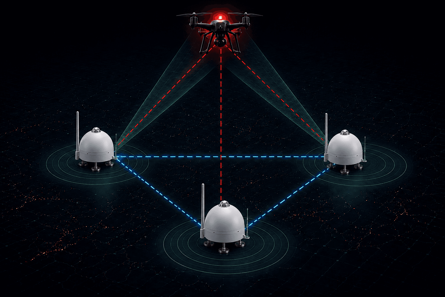 Three sensor nodes triangulating an airborne object's position in three dimensions from their optical bearings